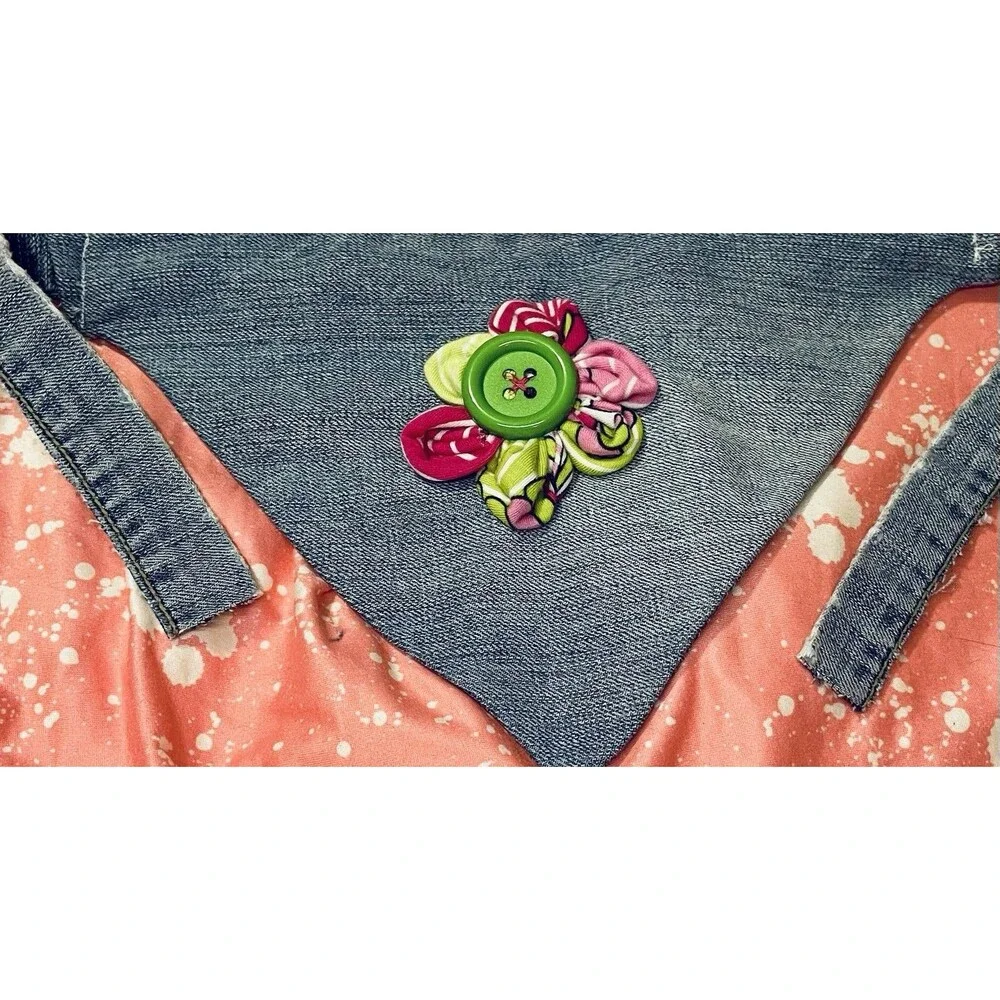 Pet Bandana Distressed Blue Jean Scarf with Lime & Pink Ribbon Flower Accent SzS